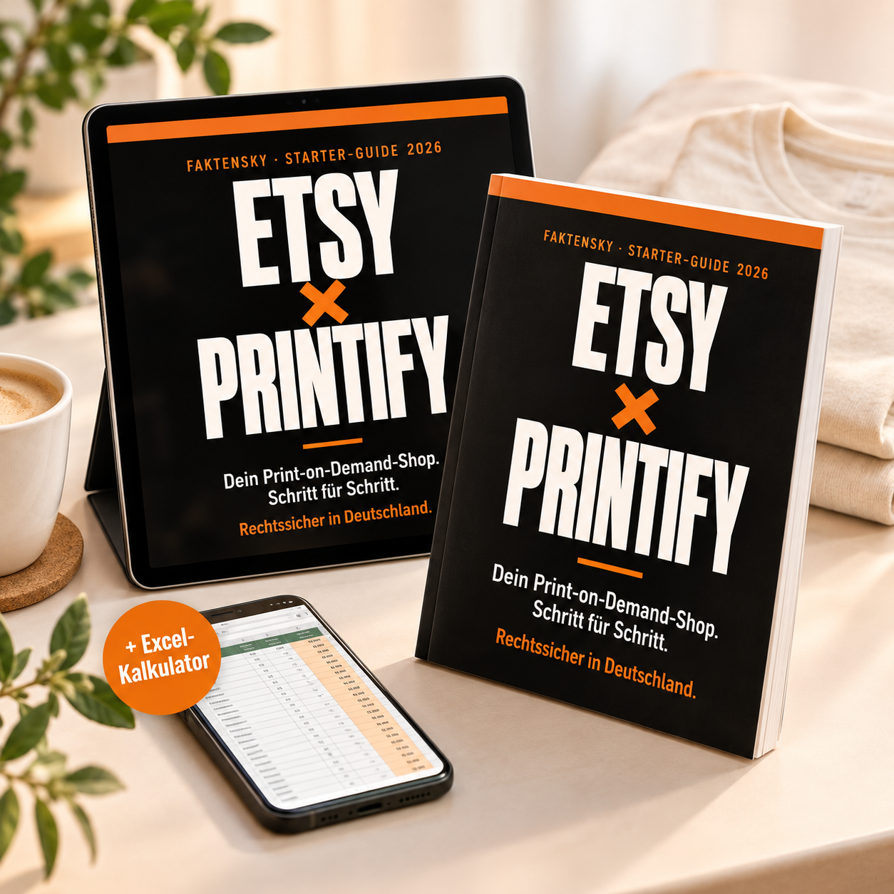 Etsy × Printify Starter-Guide als PDF auf Tablet und mit Excel-Kalkulator